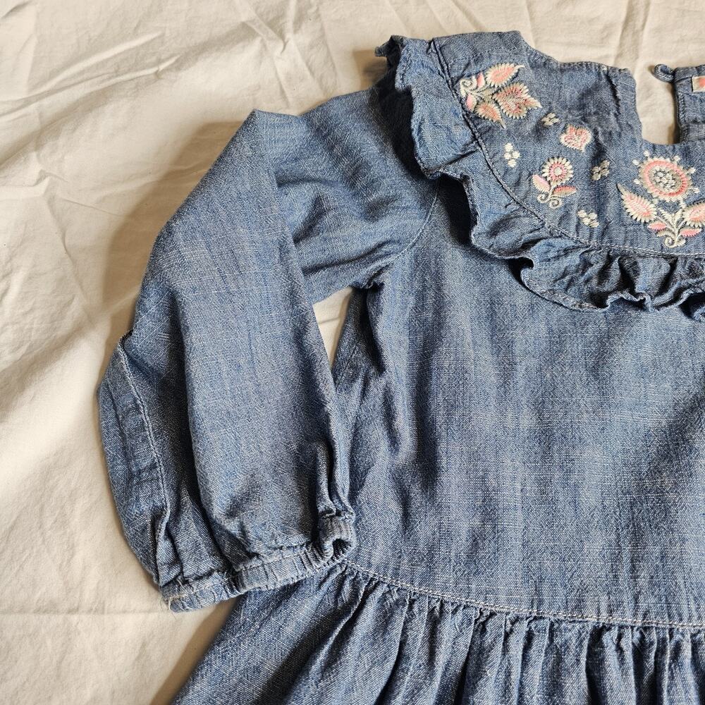 Crewcuts Dress Girls 6 Blue Embroidered Chambray Long Sleeve Boho Floral - Picture 4 of 7